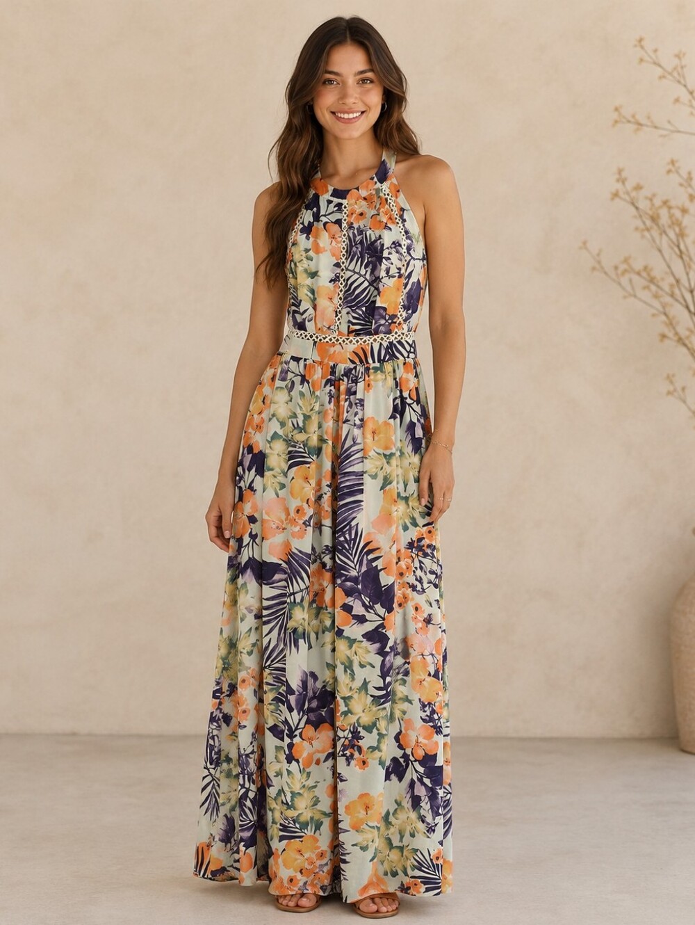 NEW Floral Halter Maxi Dress in Coral & Navy